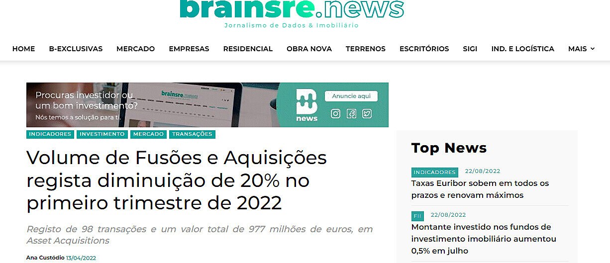 Volume de Fuses e Aquisies regista diminuio de 20% no primeiro trimestre de 2022